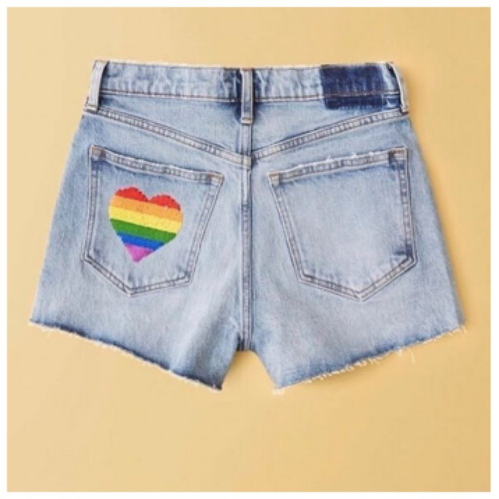 RARE Abercrombie & Fitch Light Blue Denim Shorts with Rainbow Heart Patch